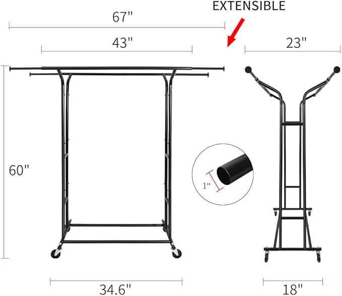 Fishat Black Heavy Duty Double Rod Garment Rack for Hanging Clothes, Rolling Clothes Organizer Commercial Metal with Lockable Wheels Mobile for Coats Dresses