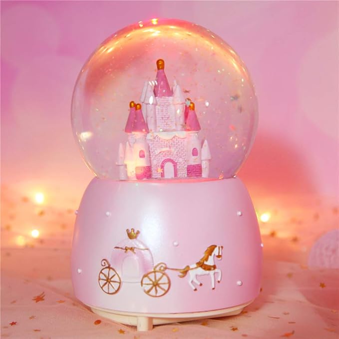 Castle Snow Globes Luminous Music Box Cartoon Christmas Snow House Automatic Spray Rotating Crystal Ball with Color Changing LED Lights for Home Decoration Birthday Gift