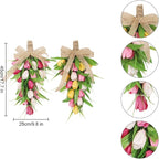 2 Pcs Artificial Tulips Teardrop Swag for Front Door,18 in Spring Floral Swags Wreath with Colorful Tulips,Green Leaves and Burlap Bows,Spring Summer Teardrop Wreath,Wedding Decorative Swag