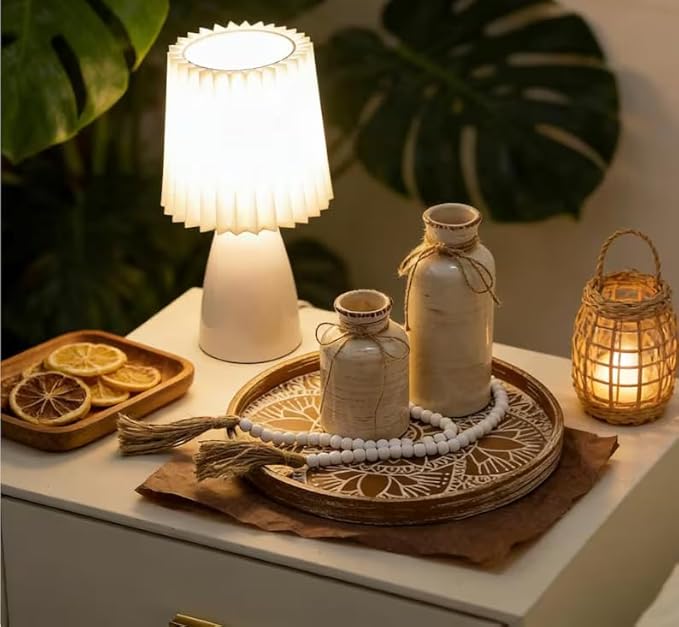 Hanobe Round Decorative Tray for Table: 2Pcs Vintage Coffee Table Trays with Boho Bead Garland for Home Decor - Farmhouse Wood Circle for Kitchen Counter Women