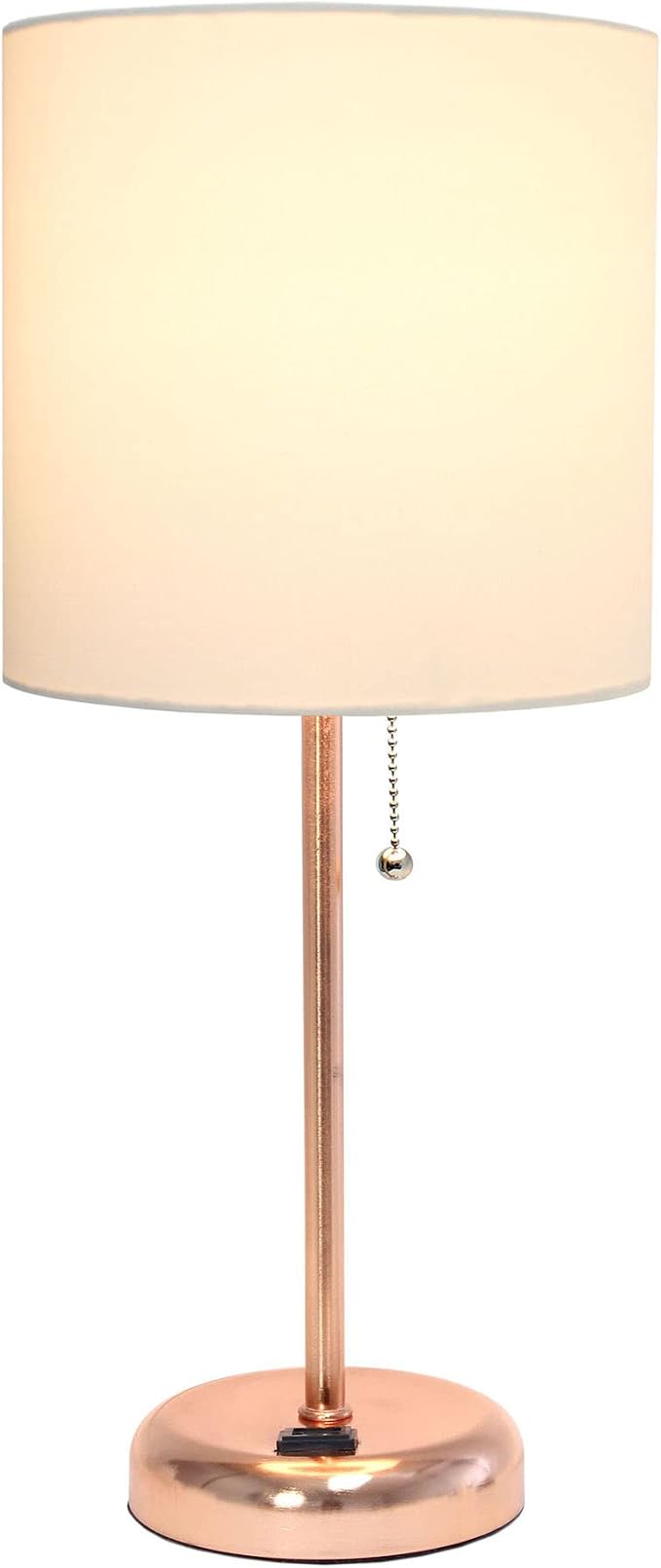 Oslo 19.5" Contemporary Bedside Power Outlet Base Standard Metal Table Desk Lamp in Rose Gold with White Drum Fabric Shade