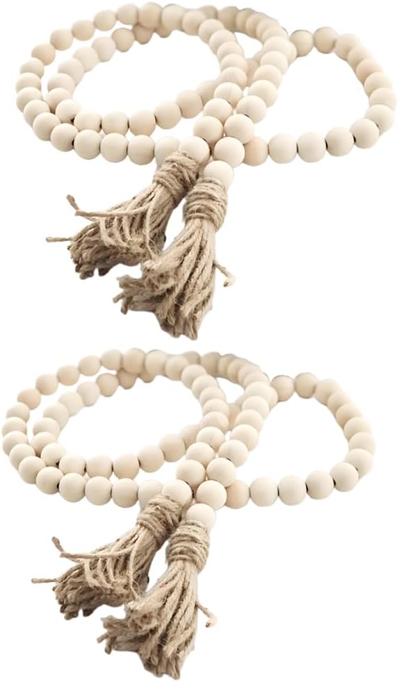 Sivya 2Pcs Wood Bead Garland With Tassels, Rustic Farmhouse Decor for Tiered Tray and Wall (Natural Wood, 58in/2Pcs)