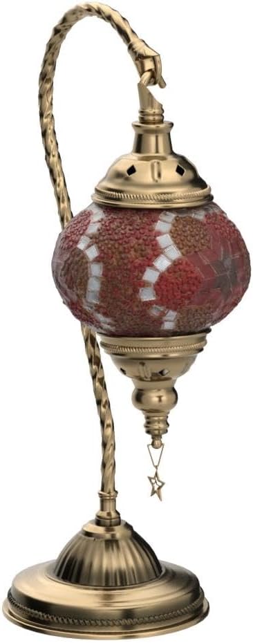 Yarra-Decor Turkish Moroccan Lamp with Bronze Base 3-Way Color Changing Handmade Swan Neck Tiffany Mosaic Glass Bedside Lamps for Bedroom (LED Bulb Included) (Red2)