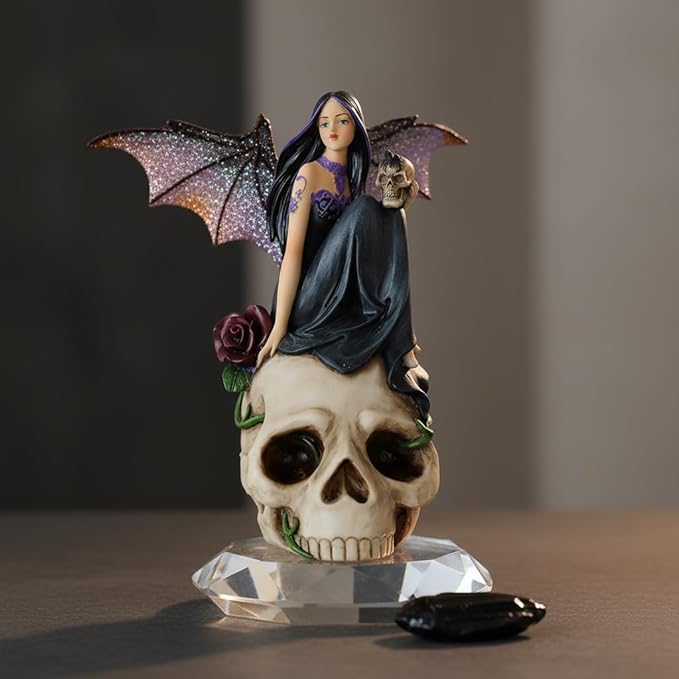 Comfy Hour 7" Dark Fairy Sitting on Skull Figurine, Gothic Fantasy Statue with Mystical Wings, Unique Home Office Desktop Decor Accent, Polyresin Artisan Crafted Sculpture, 1 Unit