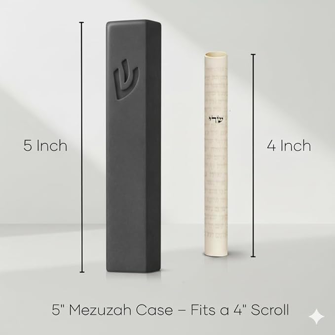 SURI Mezuzah – 5 Inch Gray Concrete Door Mezuza Case with Printed Scroll, Judaica Contemporary Style, Fits a 4 Inch Mezuzah Scroll, Gift Box Included