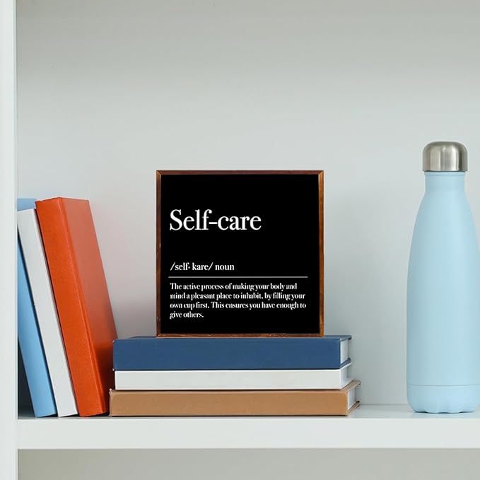 Inspirational Wooden Box Sign Mental Health Rustic Office Desk Decoration Gifts Wood Plaque Home Shelf Table Decor Self Care Must Haves (Black)