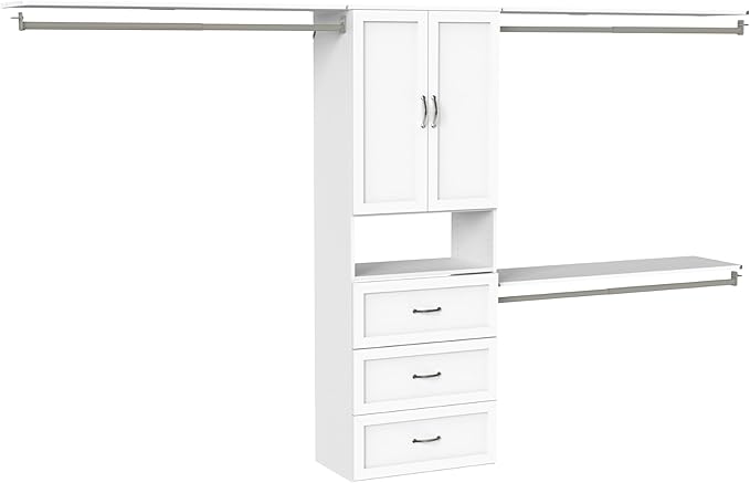 ClosetMaid SuiteSymphony Hanging Closet Kit Includes (1) Tower, (3) Closet Rods, (4) Shelves, (3) Top Shelves w/Brackets, (3) Drawer, and (1) Closet Door Set, White