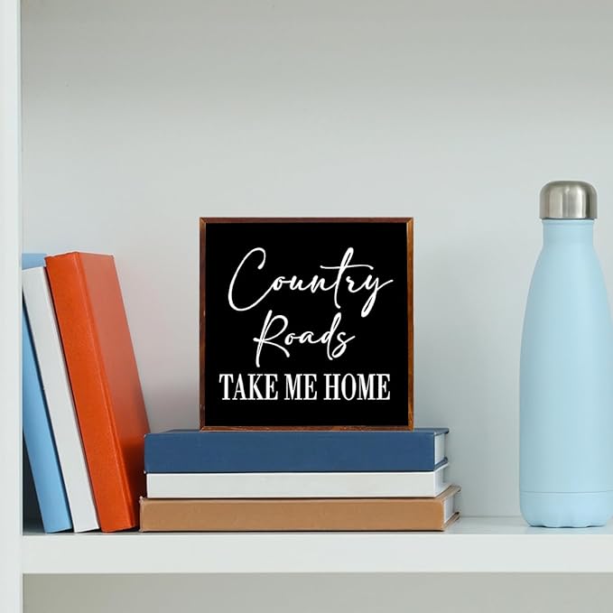 Country Roads, County Home Farmhouse Decor - Wooden Box Sign, Rustic Wood Plaque for Home, Kitchen, Bathroom - Black