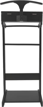 Wood Suit Rack for Men and Women, Freestanding Clothing Valet Stand with Drawer, Shoe Shelf & Hanging Suit, Valet Stands Coat Rack Suit Valet for Entryway Office Living Room (Black)
