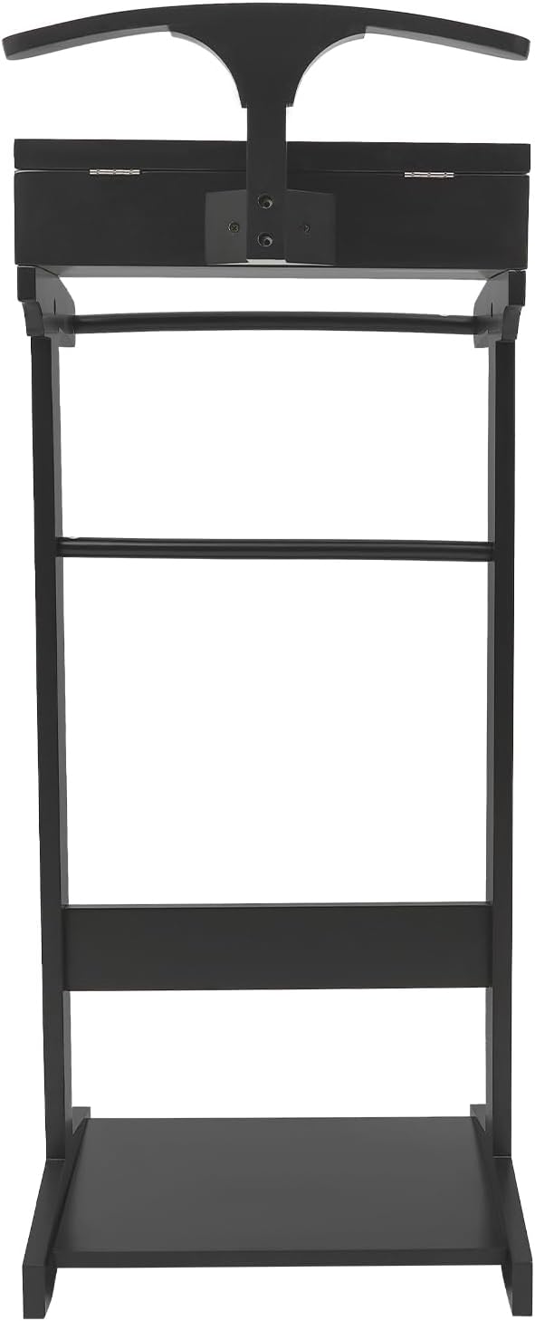 TFCFL Wooden Suit Rack with Drawer & Trouser Holder, Multi-functional Coat Stand for Hats/Scarves/Belts, Space-Saving Standing Suit Valet Stand for Home/Office, 22lbs Load Capacity (Black)