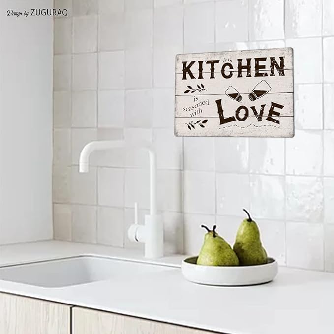Funny Kitchen Signs Decor-Kitchen Farmhouse Decor-Personalized Kitchen Metal Sign-Kitchen Counter Accessories-12x8 Inch Hanging Plaque Home Wall Decorations-This Kitchen Is Seasoned With Love
