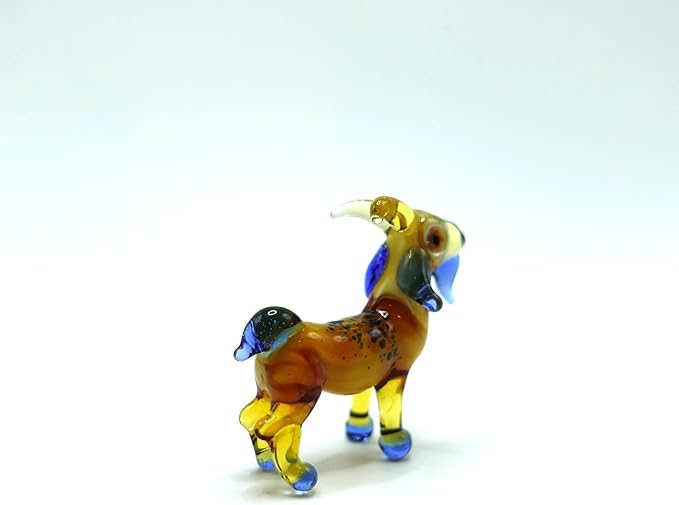Goat Micro Tiny Figurines Hand Blown Glass Art Animals Collectible Gift Home Décor (Amber Blue)