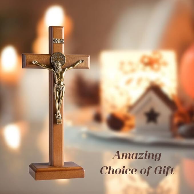 KUXBET Crucifix Cross Catholic 10.7 Inch Wooden Jesus Christ Wall Cross Stand, Hanging or Tabletop with Stand for Home Decor (10.7" L x 5.0" W)