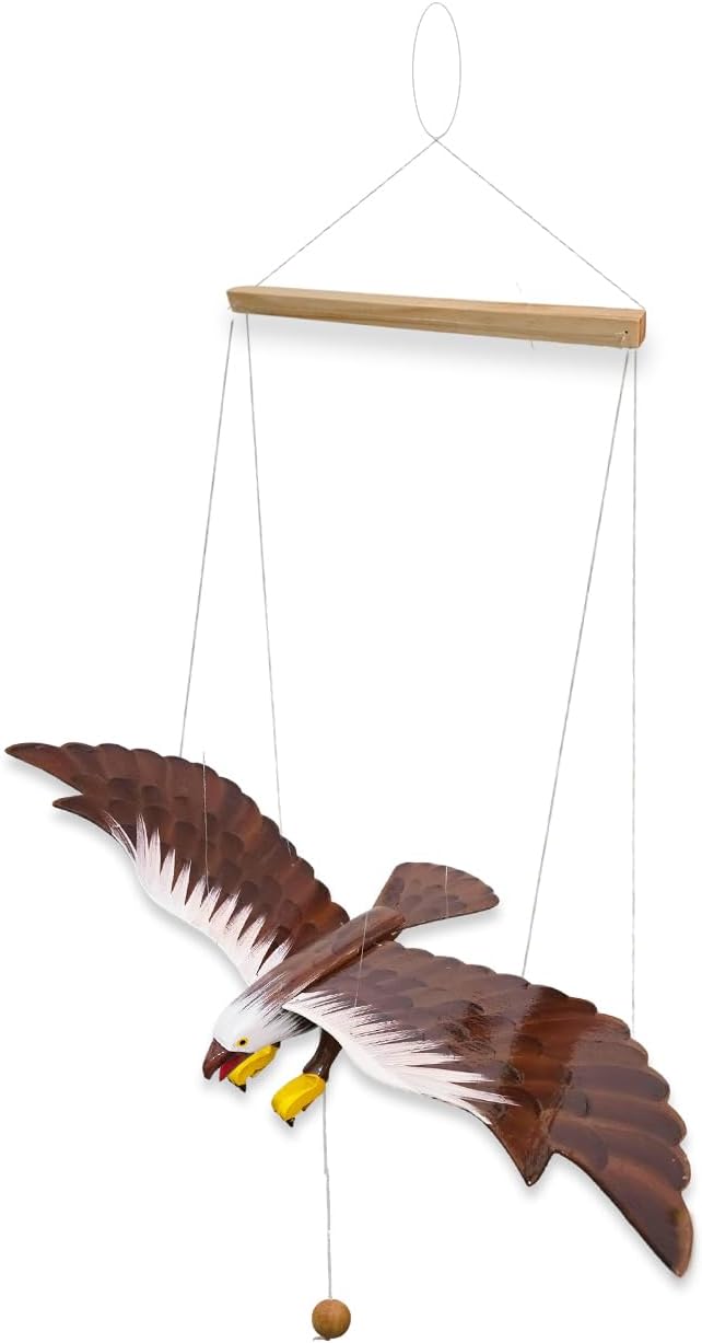WitnyStore Wooden Bird Mobile 25" Brown Flying Eagle Hand Made Painted Wood Flapping Wing Birds Hanging Ceiling Decor Wind Chimes Handcrafted Art Animal Decorative Collectibles Décor Gifts Souvenirs