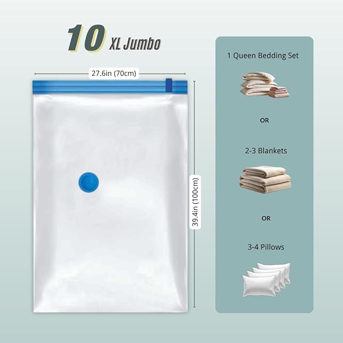 10 XL Jumbo Vacuum Storage Bags with Pump, Extra Large Compression Space Saver for Comforter, Duvet, Bedding, Blanket Storage, Vacuum Seal Bags for Clothing, Luggage Closet Organizer
