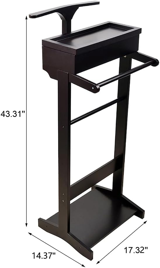 Mens Valet Stand with Top Tray Organizer, Shoe Shelf and Suit Rack, Wooden Clothes Valet Stand for Bedroom Entryway (Black)