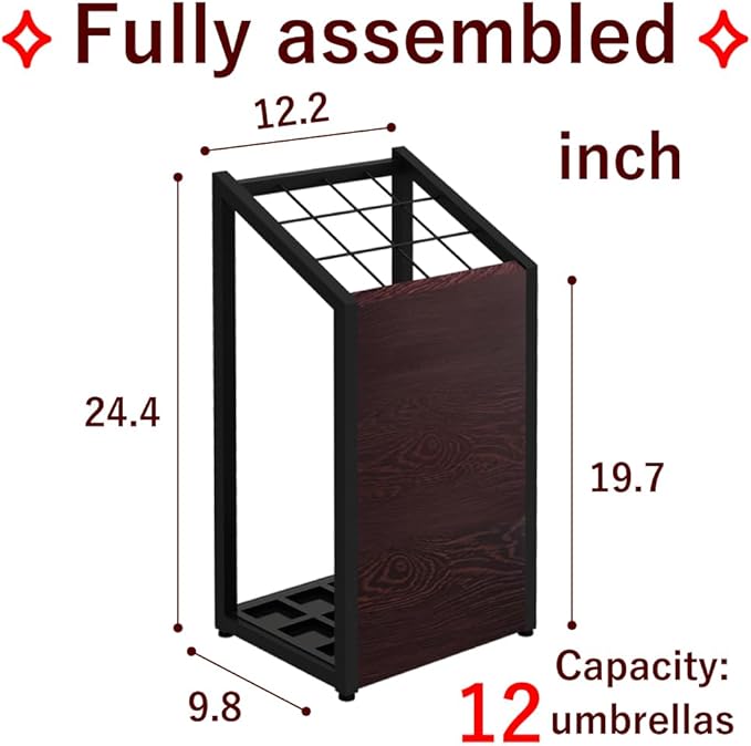 AKIRA Mid-Size Umbrella Stand for 12-Umbrellas Modern Brown Wood Grain & Black Metal Entryway Organizer Rack Holder for Office or Lobby, Model US-US-0325-BKDB