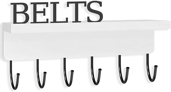 Belt Hanger Organizer for Closet, Wall Mount Belt Rack, Wooden Belt and Tie Organizer for Stores and Displays Mens Accessories (Length 9.8”) White