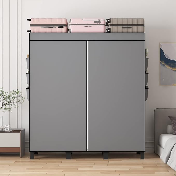 Portable Closet, 51.18" Large Capacity Clothing Storage Organizer with 3 Hanging Rods 6 Shelves 18 Side Pockets, Dustproof Sturdy Wardrobe for Bedroom Dorm Rental Apartment (Grey, Large)