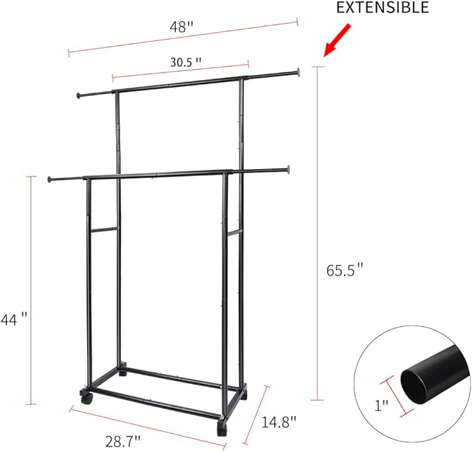 Fishat Black Simple Standard 2 Double Rod Clothing Metal Garment Rack for Hanging Clothes, Rolling Clothes Organizer with Mobile Lockable Wheels