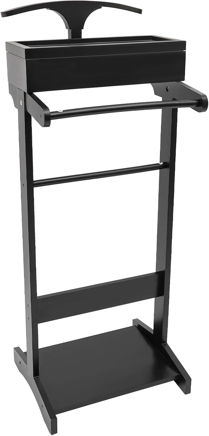Wood Suit Rack, 22.05 Lbs Wooden Clothes Valet Stand, Freestanding Clothing Valet Stand Suit with Non-slip Base & Drawer for Bedrooms Living Rooms Hallways (Black)