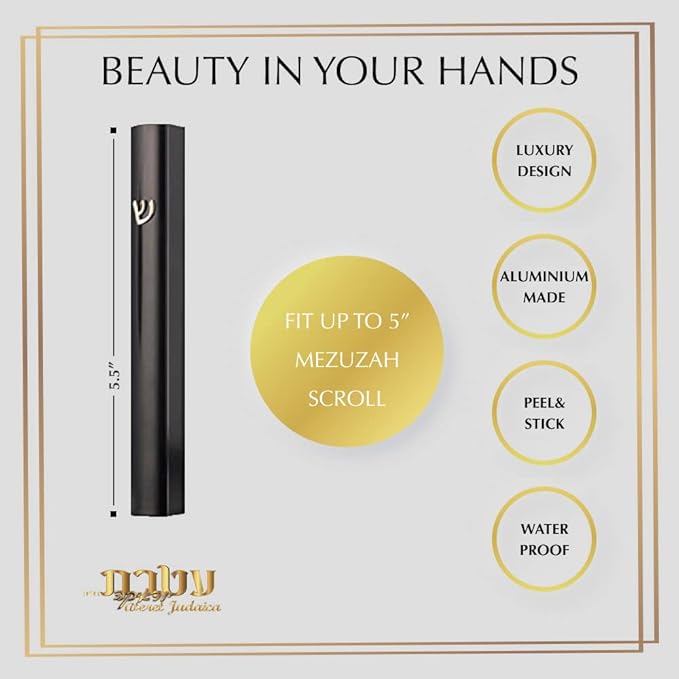 Pack of 5 Matte Black Aluminum Waterproof Mezuzah Case, Fit up to 5" / 12cm Mezuzah Scroll, with Embossed Gold SHIN, Easy Peel and Stick (Scroll Not Included)