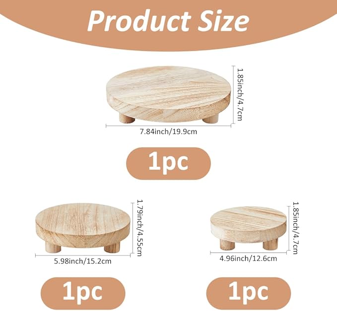 SUPERFINDINGS 3 Sizes Wooden Display Risers Wood Pedestal Stand Wood Round Flat Tray Rustic Display Riser for Home Bathroom Kitchen Counter Décor and Organize, 20/15.2/12.6cm