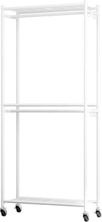 Clothes Rack - 33.0" x 12.2" x 79.5" Clothing Rack with Shelves & Wheels, Multi-Functional Wardrobe Closet with Hooks, Sturdy Metal Garment Rack for Bedroom, Laundry, Balcony (White)