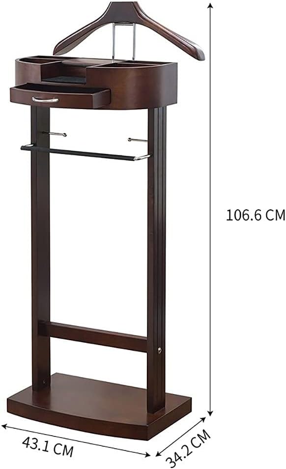 Valet Stand for men, Wood Suit Rack, Freestanding clothing valet stand, valet stand for women with Drawer, Top Tray, Contour Hanger, Trouser Bar, Tie & Belt Hooks and Shoe Rack organizer