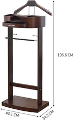 Valet Stand for men, Wood Suit Rack, Freestanding clothing valet stand, valet stand for women with Drawer, Top Tray, Contour Hanger, Trouser Bar, Tie & Belt Hooks and Shoe Rack organizer