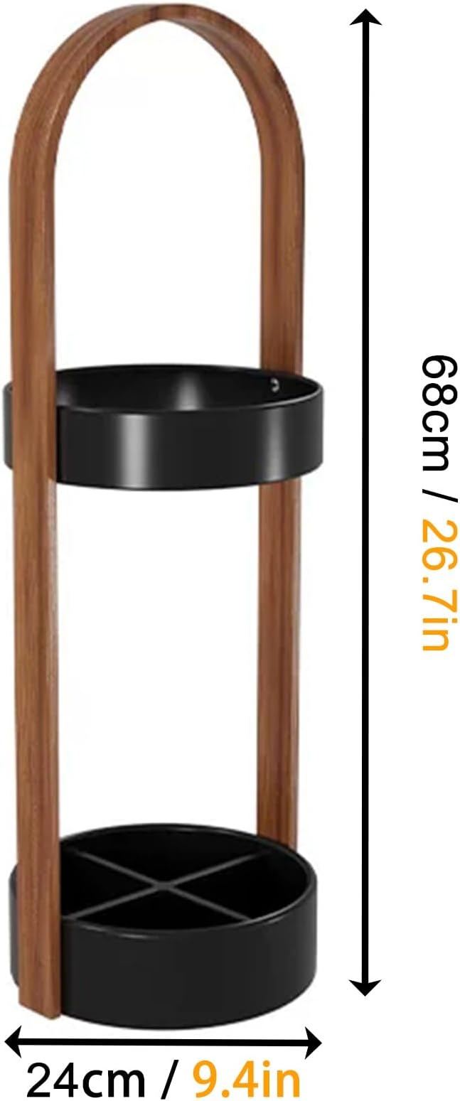 Metal Round Umbrella Stand Rack with Water Collection Tray, Solid Wood Umbrella Holder with Multiple Hooks, Canes Storage Stand Rack for Office, Home, Entryway(White)