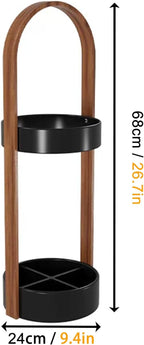 Metal Round Umbrella Stand Rack with Water Collection Tray, Solid Wood Umbrella Holder with Multiple Hooks, Canes Storage Stand Rack for Office, Home, Entryway(White)