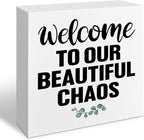 Farmhouse Home Decor, Welcome To Our Beautiful Chaos Wooden Sign, Living Room Wall Art, Family Room Signs, Housewarming Gift, Box Sign Decor Tabletop, Hallway Decoration, 5.1x5.1inches