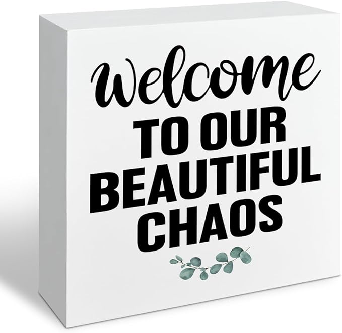 Farmhouse Home Decor, Welcome To Our Beautiful Chaos Wooden Sign, Living Room Wall Art, Family Room Signs, Housewarming Gift, Box Sign Decor Tabletop, Hallway Decoration, 5.1x5.1inches