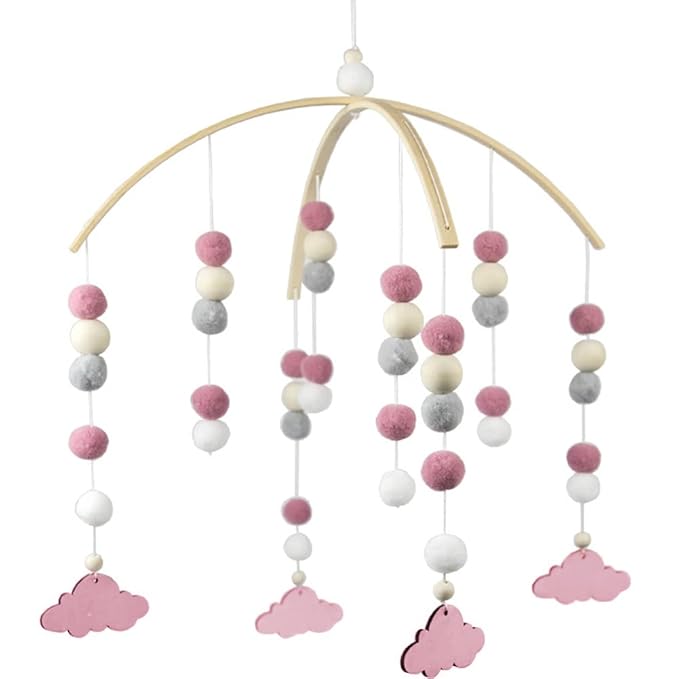 WAYUTO Neutral Handmade Felt Ball Ceiling Mobile - Pink Cloud Design