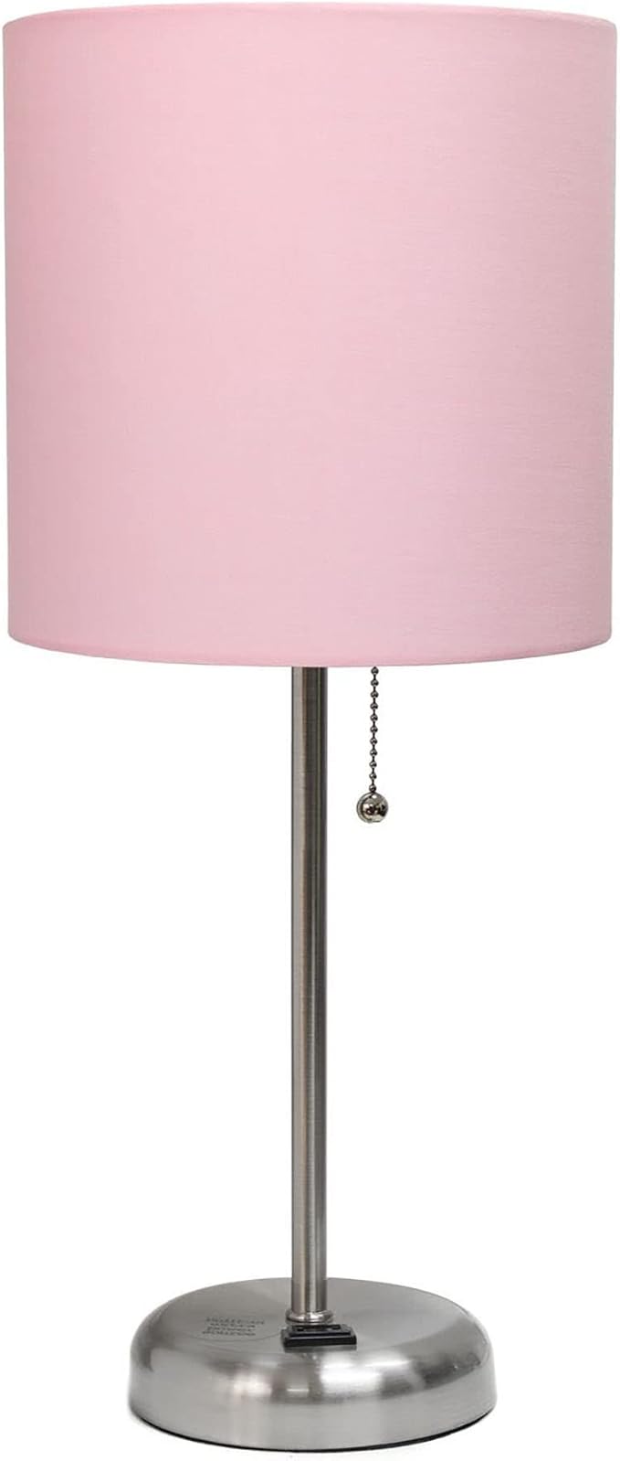Oslo 19.5" Contemporary Bedside Power Outlet Base Standard Metal Table Desk Lamp in Brushed Steel with Light Pink Drum Fabric Shade