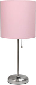 Oslo 19.5" Contemporary Bedside Power Outlet Base Standard Metal Table Desk Lamp in Brushed Steel with Light Pink Drum Fabric Shade