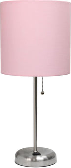 Oslo 19.5" Contemporary Bedside Power Outlet Base Standard Metal Table Desk Lamp in Brushed Steel with Light Pink Drum Fabric Shade