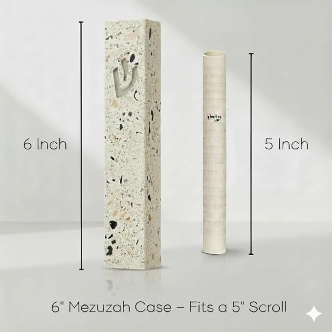 SURI Mezuzah for Door – 6 Inch Terrazzo Pink Concrete Mezuzah Case with Printed Scroll, Self-Stick Jewish Entry Design, Fits a 5 Inch Scroll, Gift Box Included