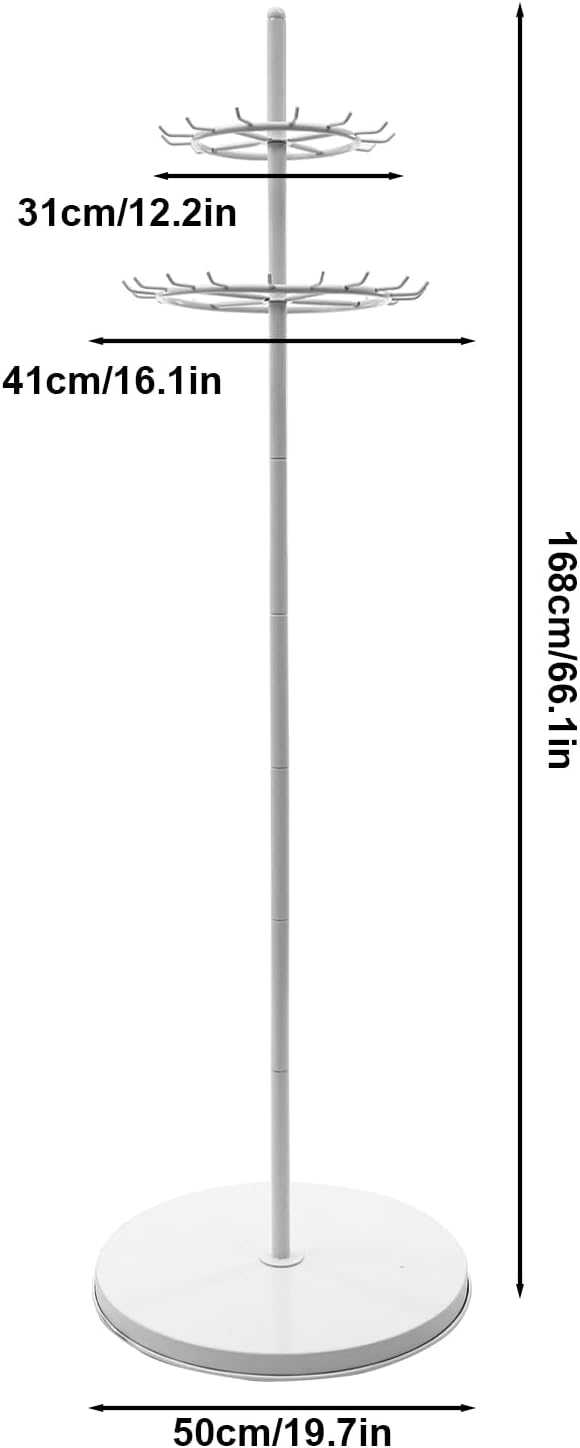 Belt Display Stand with 31 Hooks – White Steel Double-Tier Tie & Scarf Organizer, 66.1" Tall, Heavy Duty Rotating Rack for Belts, Ties, Scarves, Home, Closet, Boutique, Clothing Store
