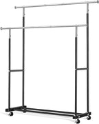 Double Clothing Rack, 130LB Capacity Heavy Duty Garment Rack with Wheels and Bottom Shelf, 55.51 Inch Long Rolling Clothes Racks for Hanging Clothes, Black