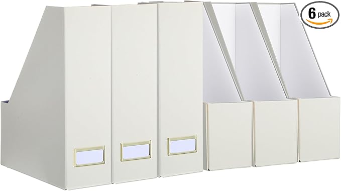 Gueevin Set of 6 Magazine File Holders, Sturdy Cardboard Desk Magazine Organizer with Gold Label Slots, Foldable File Folder Rack for Home Office Classroom Library(Beige)