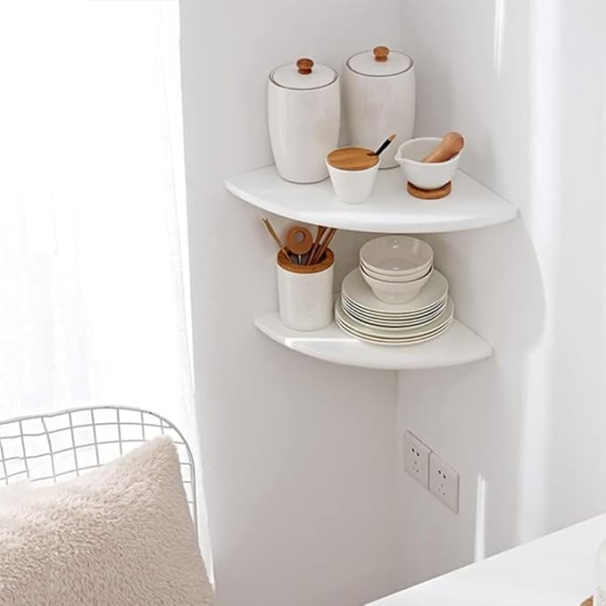 White Corner Shelf, Wall Mount 10inch Natural Oak Wood Floating Corner Wall Shelf Round End Small Corner Nightstand Plant Shelf for Bedroom, Kitchen, Living Room Set of 2