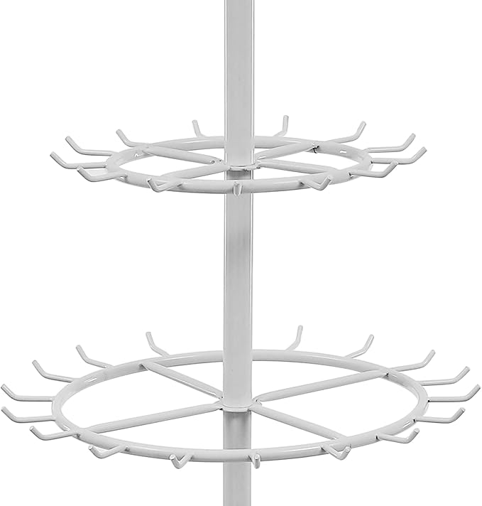 Belt Display Stand with 31 Hooks – White Steel Double-Tier Tie & Scarf Organizer, 66.1" Tall, Heavy Duty Rotating Rack for Belts, Ties, Scarves, Home, Closet, Boutique, Clothing Store