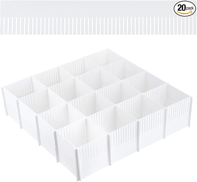 20PCS DIY Plastic Grid Drawer Dividers, Large Adjustable Drawer Storage Organizer (38cmx7cm) for Clutter Kitchen Cutlery Dresser Makeup Tools Socks Can Help Tidy Office Desk Clinic Bedroom