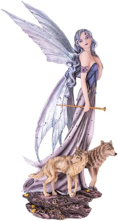 Pacific Giftware Moonlight Fairy with Wolves Fantasy Figurine with Glittering Wings and Guardian Wolves Perfect for Nature and Fantasy Decor Collectible Figurine 10 Inches Tall