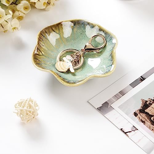 JAMEND CLXP Lotus Leaf Shape Ring Holder Dish, Small Key Bowl, Ceramic Trinket Tray Jewelry Dish Organizing Necklace Earrings for Mom Friend Sister. All Jewelries Are NOT Included. Crystal Green.