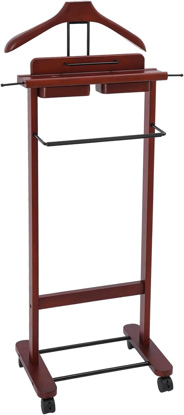 Suit Valet Stand for Men, Wood Suit Rack, Mens Valet Stand, Clothes Stand with Universal Wheels, Freestanding Clothing Stand for Home, Office, Hotel, Upscale Clubs