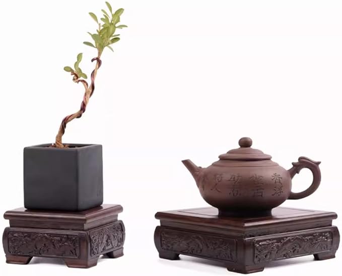GOLDY&WENDY Chinese Solid Wood Pedestal Stand Square Black Catalpa Display Risers Base with Carved Handcrafts