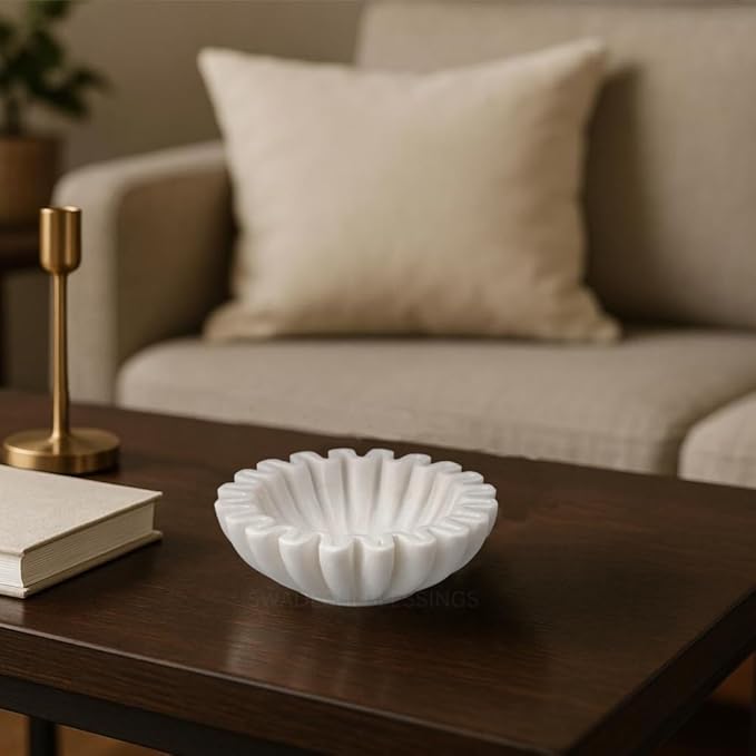 SWADESHI BLESSINGS HandCrafted Marble Ruffle Bowl/Antique Scallop Bowl/Fruit Bowl/Vintage Ring Dish/Decorative Flower Dish/HouseWarming Gift/Wedding Gifts/Urli (7 Inches)